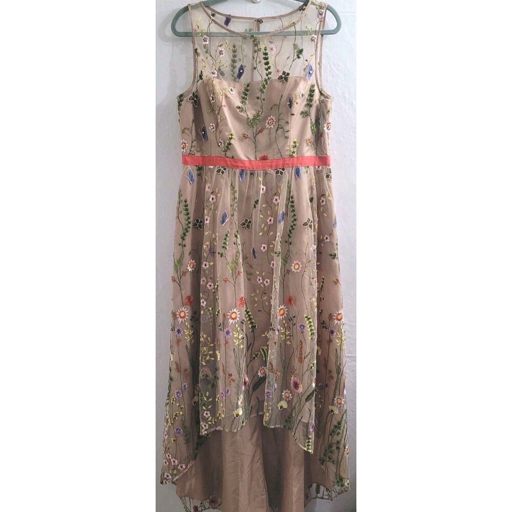 Adrianna Papell 14 Embroidered Floral Mesh High Low Dress Blush Pink Butterfly